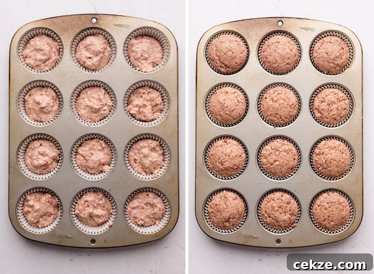 two photos showing strawberry cupcakes in a baking pan before and after baking