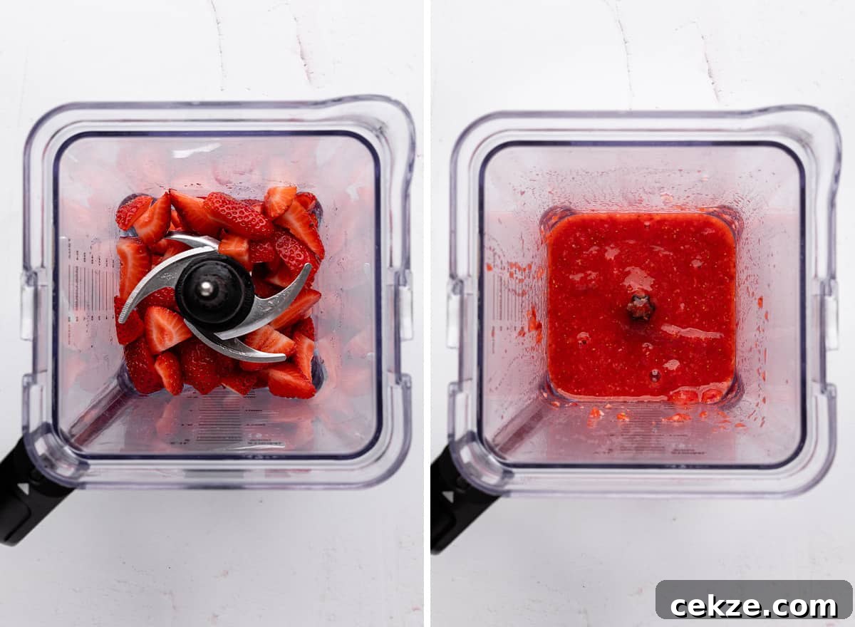 two photos showing blending strawberries to use in this Strawberry Cupcakes Recipe