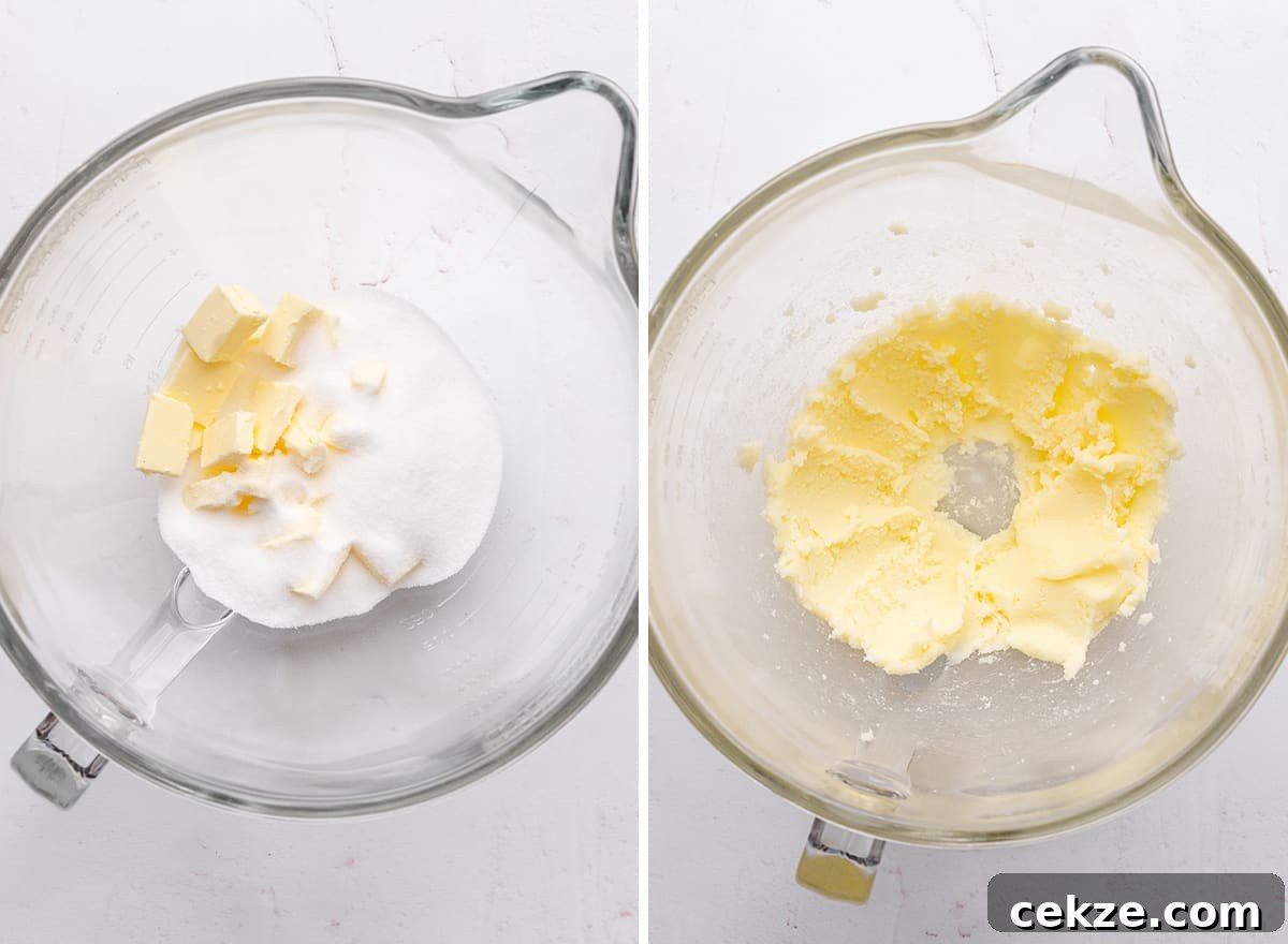 two photos showing how to make strawberry cupcakes - beating butter and sugar. 