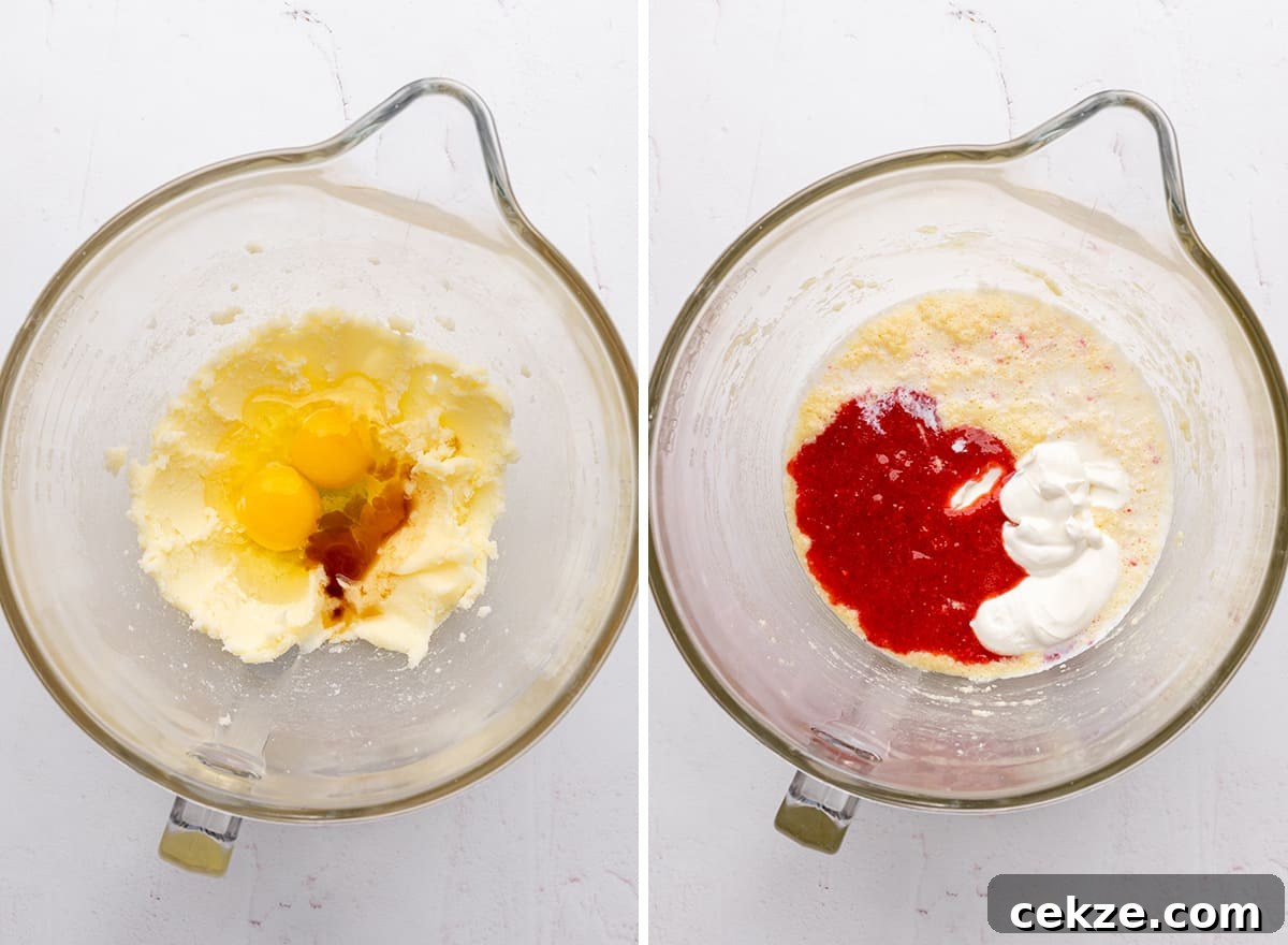 two photos showing how to make strawberry cupcakes - combining the wet ingredients