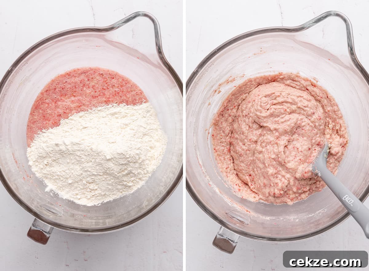 two photos showing how to make strawberry cupcakes - combining the wet and dry ingredients