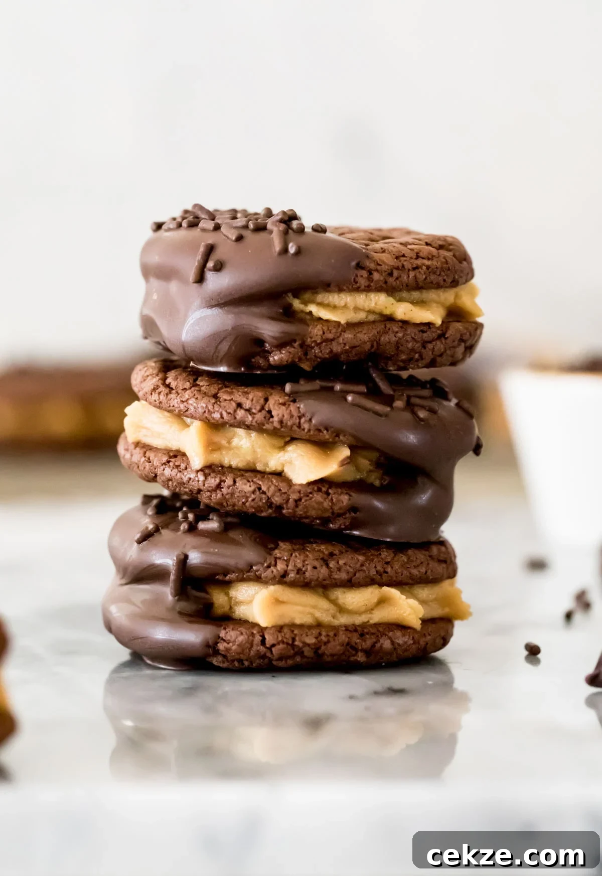 stack of chocolate peanut butter sandwich cookies
