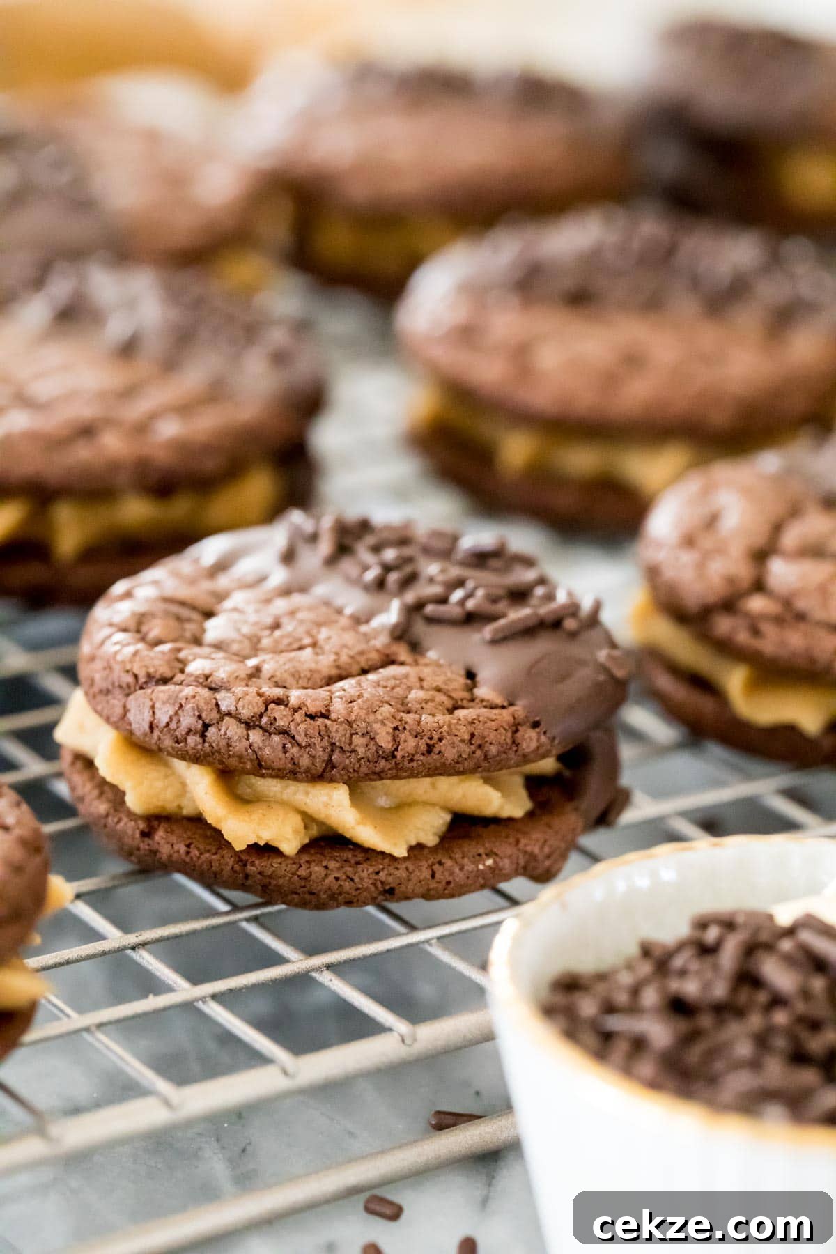 chocolte sandwich cookies on cooling rack