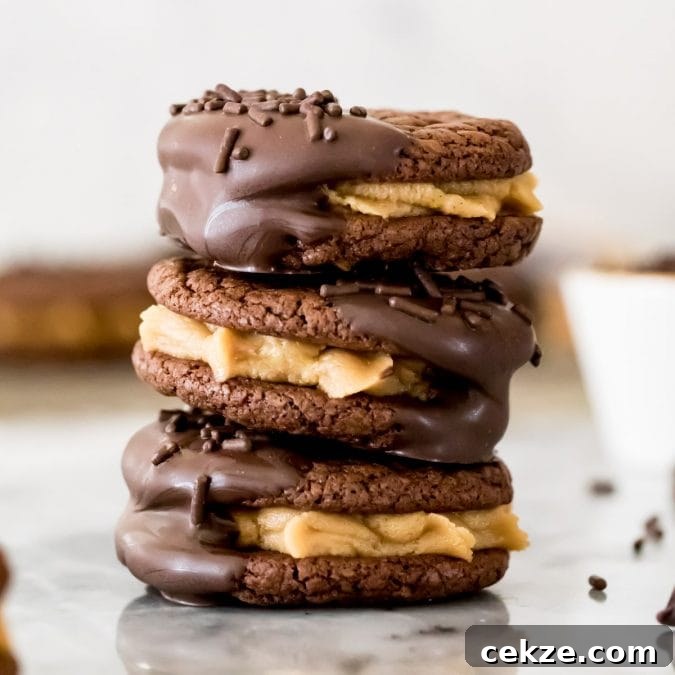 stack of chocolate peanut butter sandwich cookies