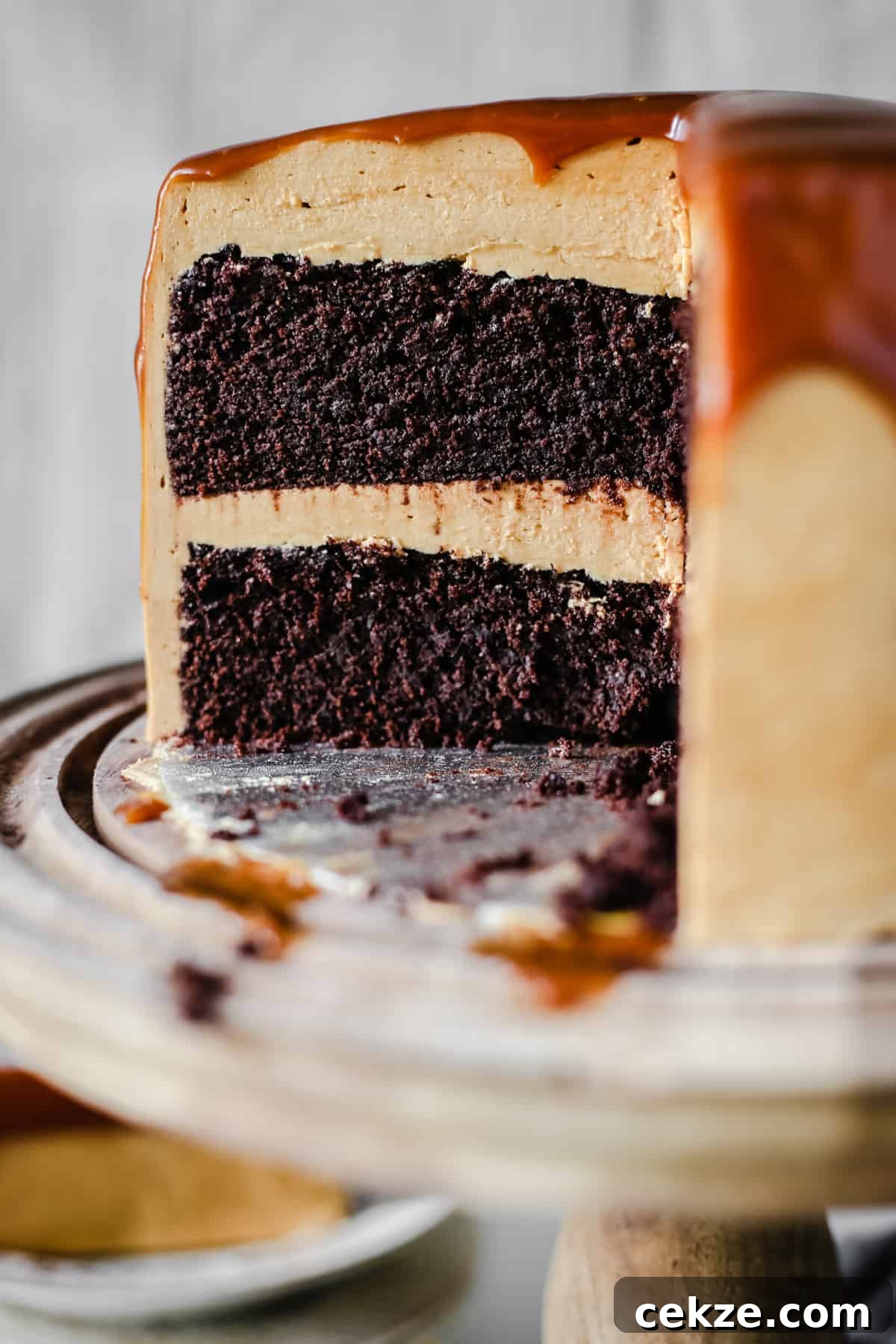 Close up of cut chocolate cake with caramel
