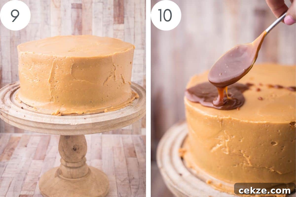 finished chocolate cake covered in buttercream. Spoon pouring caramel over the top of the finished cake.