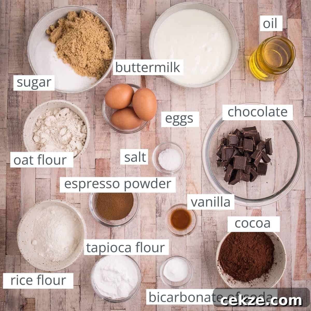 Chocolate Cake ingredients in bowls on table