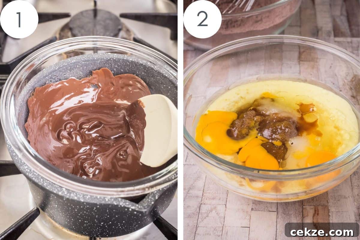 chocolate melting in a glass bowl over a pan of simmering water. Wet ingredients added to glass bowl for mixing.