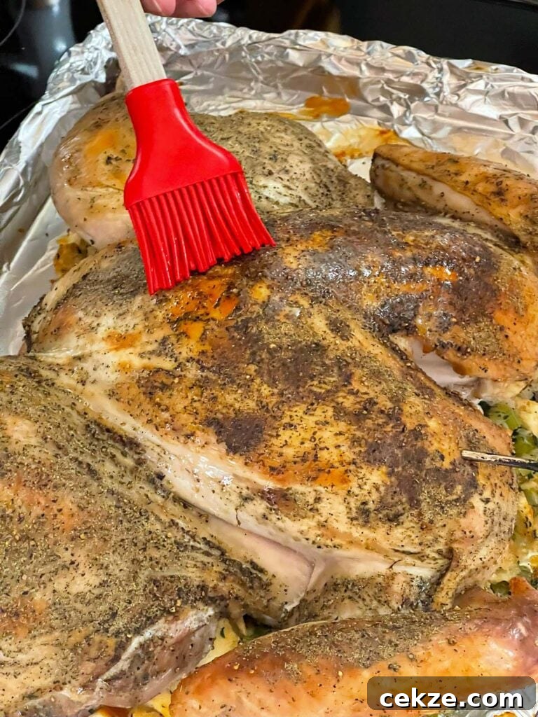 Spatchcocked turkey being basted with melted butter during roasting.