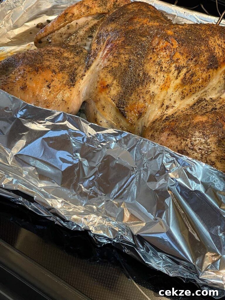 Turkey legs and exposed stuffing covered with foil to prevent over-browning.