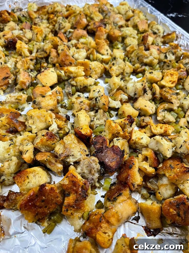 Crisped stuffing with golden edges after finishing in the oven.