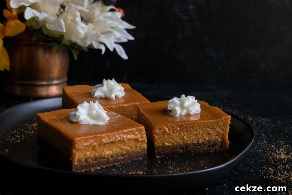 Pumpkin pie bars on a black plate garnished with whipped cream.