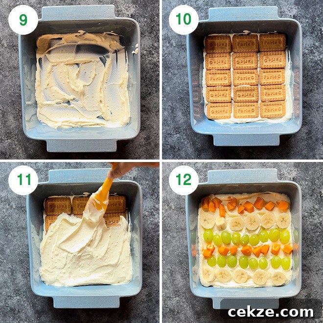 No-Bake Fruit Custard Icebox Cake Recipe: Quick Chilled Dessert 6 step by step picture collage of making fruit custard icebox cake