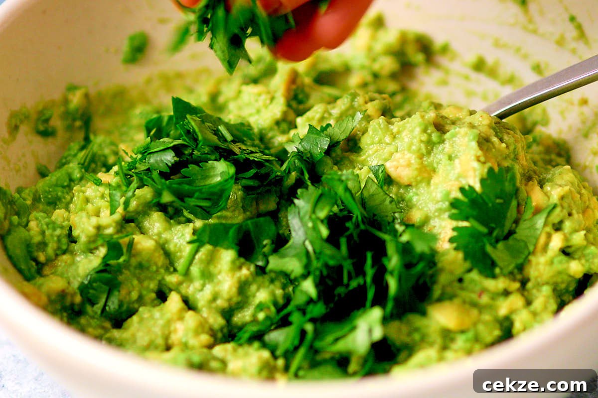 Adding cilantro to vegan guacamole before serving.