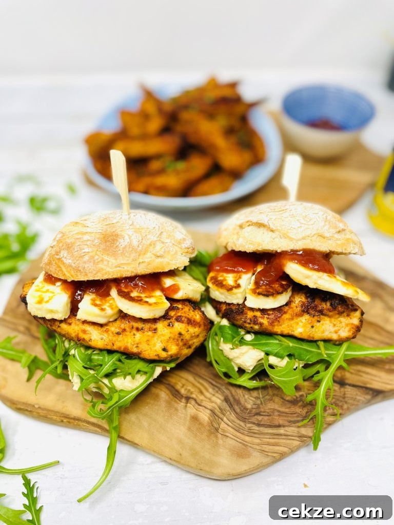 chicken and halloumi burger on ciabatta rolls with rocket salad and Nando's chilli jam. Bowl of peri peri wedges in the background - family meal ideas