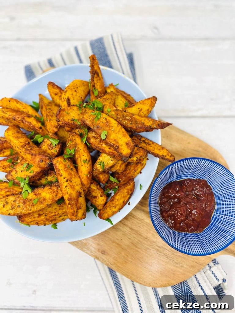 air fryer wedges with peri peri seasoning served in a bowl with a tomato chilli dip on the side