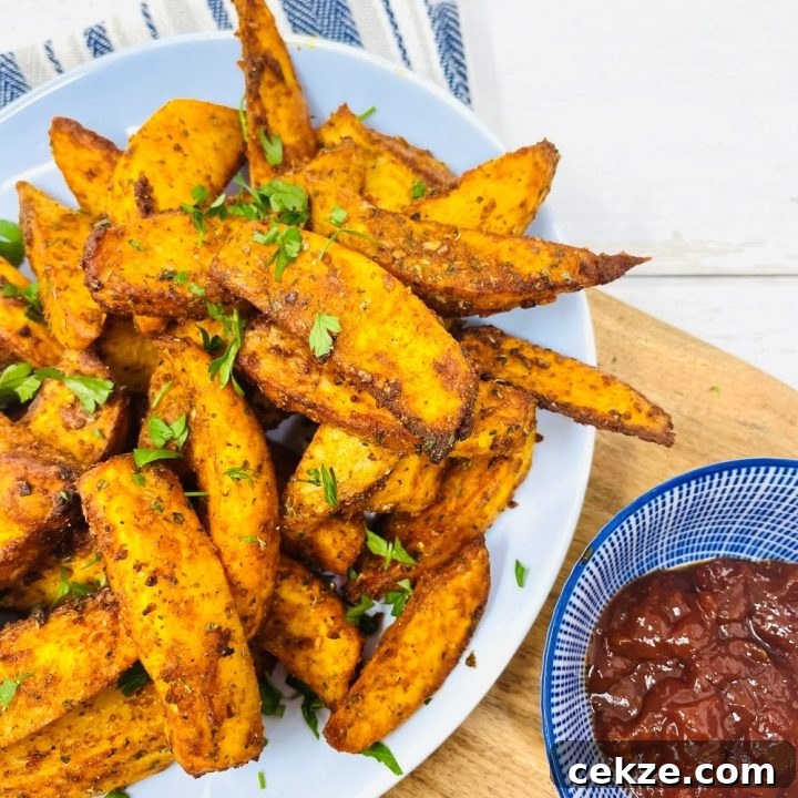 air fryer wedges with peri peri seasoning served in a bowl with a tomato chilli dip on the side