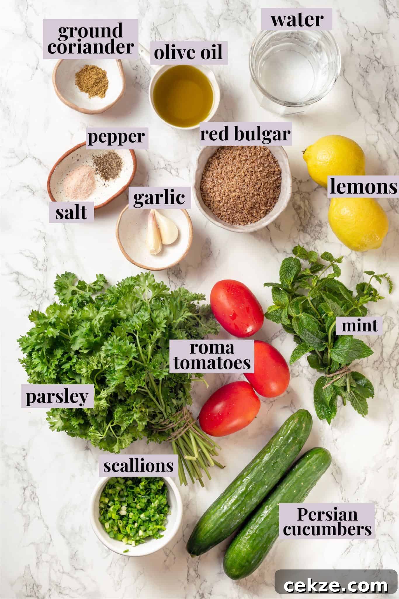Overhead view of ingredients for tabbouleh with labels