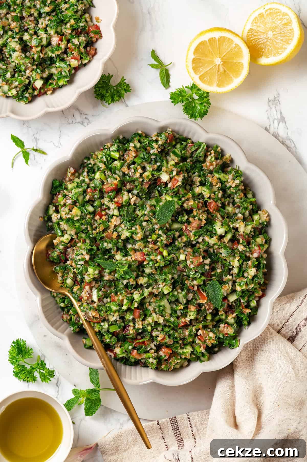 Overhead view of tabbouleh in serving bowl