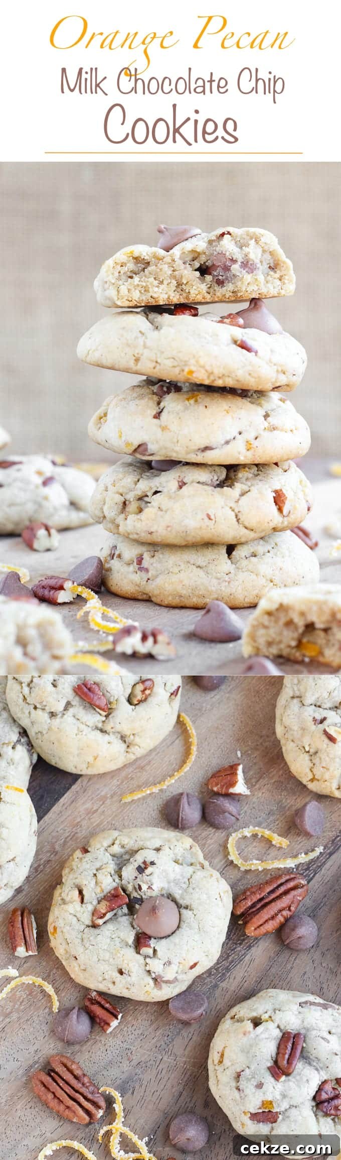 Soft, chewy cinnamon milk chocolate chip cookies with toasted pecans and candied orange peel. These Orange Pecan Milk Chocolate Chip cookies will have you reaching for another before you realize what you’re doing!