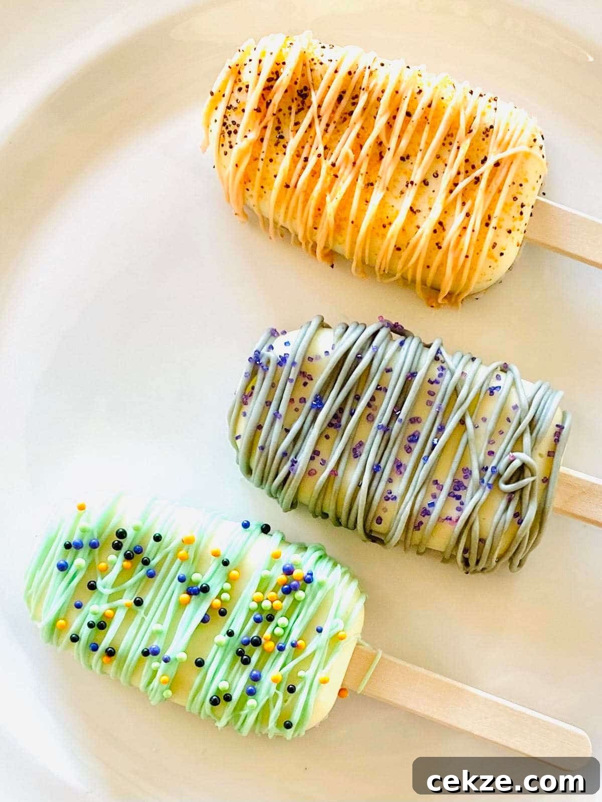three halloween cake popsicles on a plate decorated with sprinkles