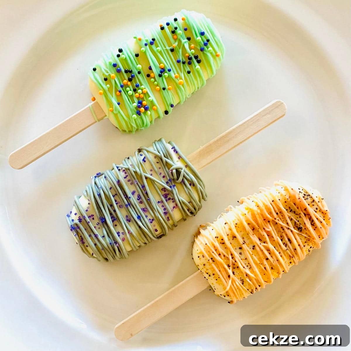 three halloween cakesicles on a plate decorated with sprinkles