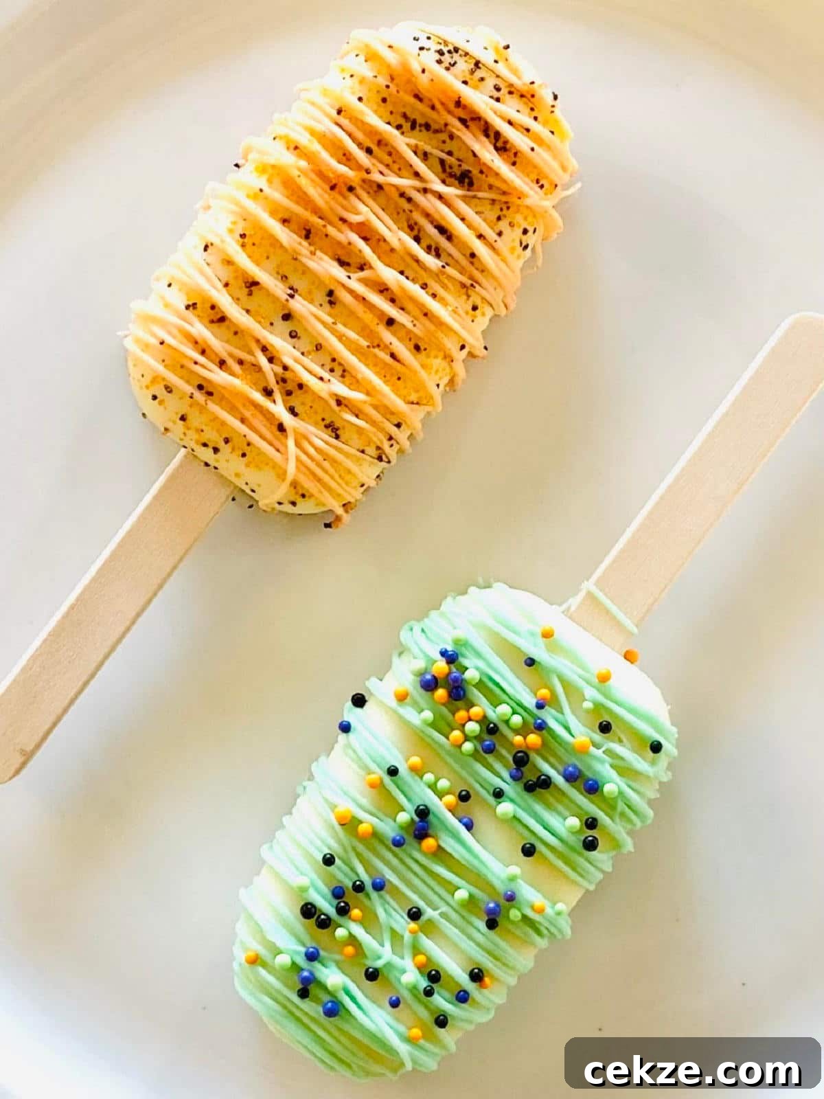 two halloween cakesicles on a plate decorated with sprinkles