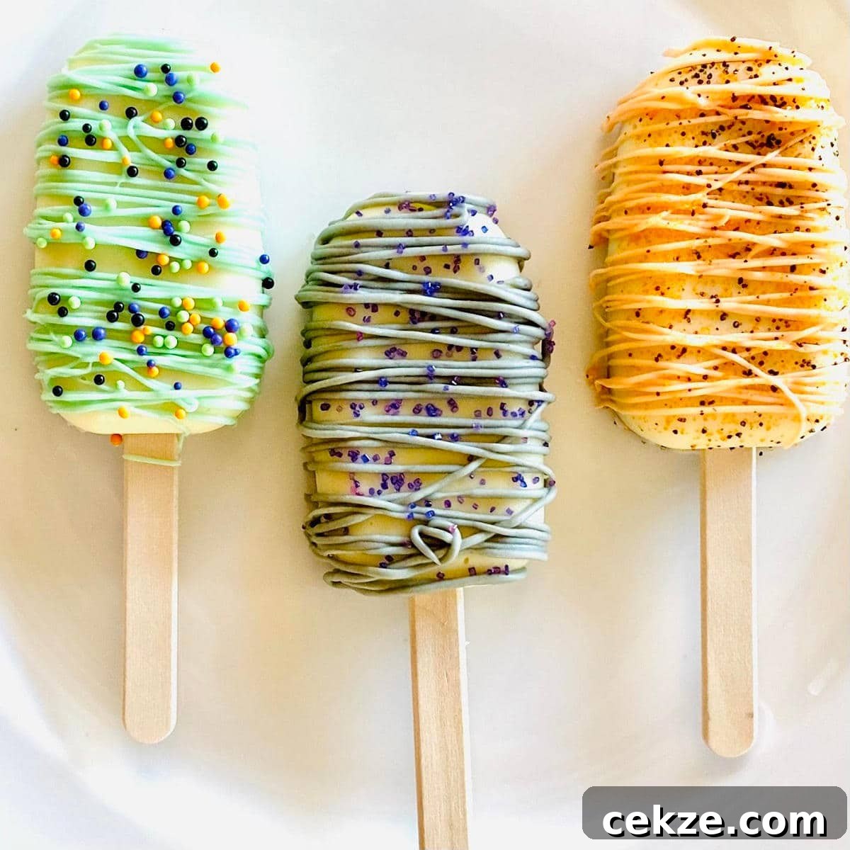 three halloween cake popsicles on a plate decorated with sprinkles