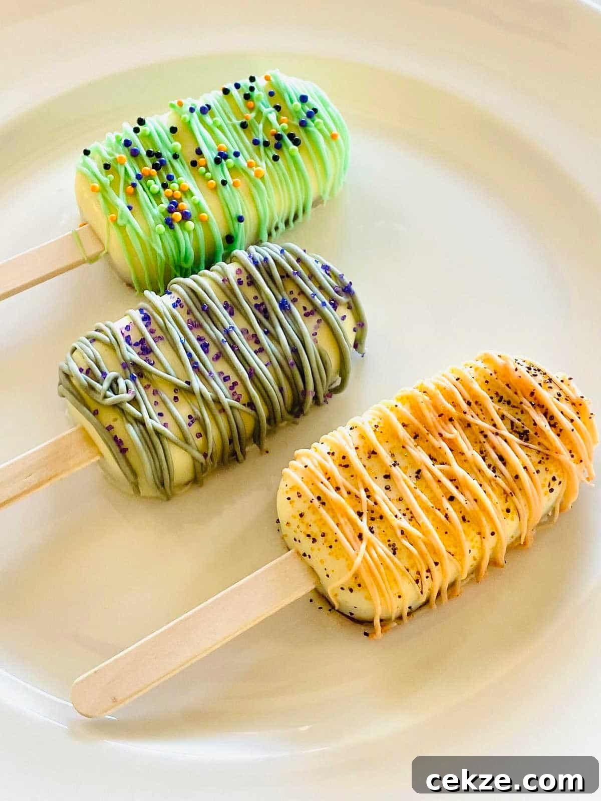 three halloween cake popsicles on a plate decorated with sprinkles