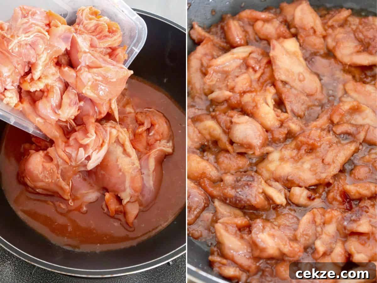 cooking chicken tocino in a pan.