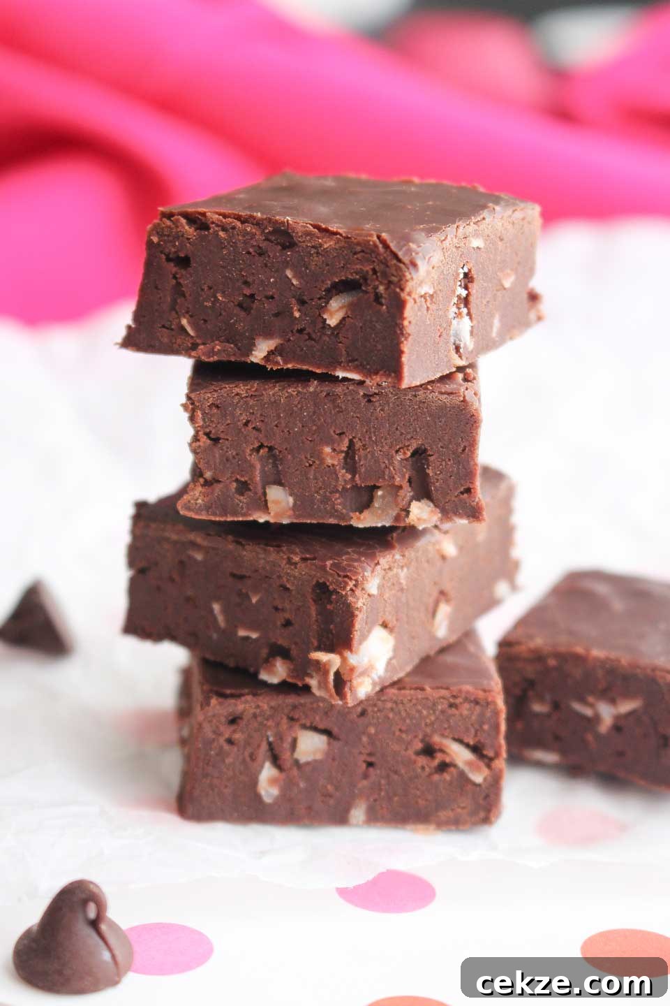 Side view of a stack of pieces of fudge