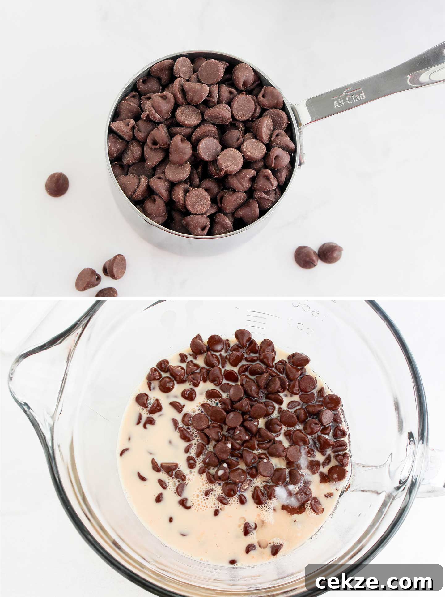Chocolate chips, evaporated milk, and coconut oil in a bowl