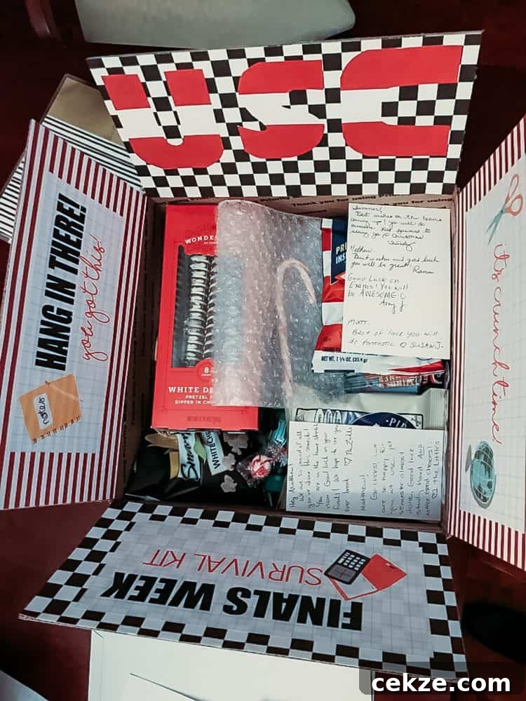 Top down view of a filled college care package decorated with school colors and notes about final exams
