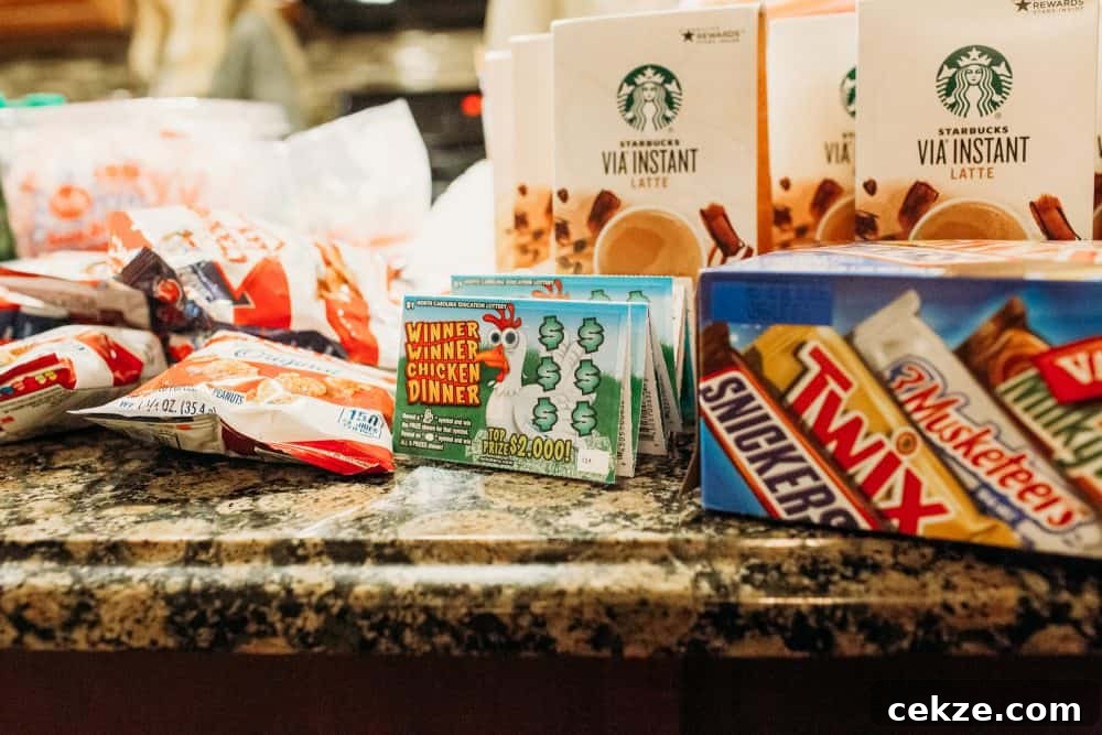 packages of cracker jacks, lottery tickets, Starbucks instant coffee, and candy bars