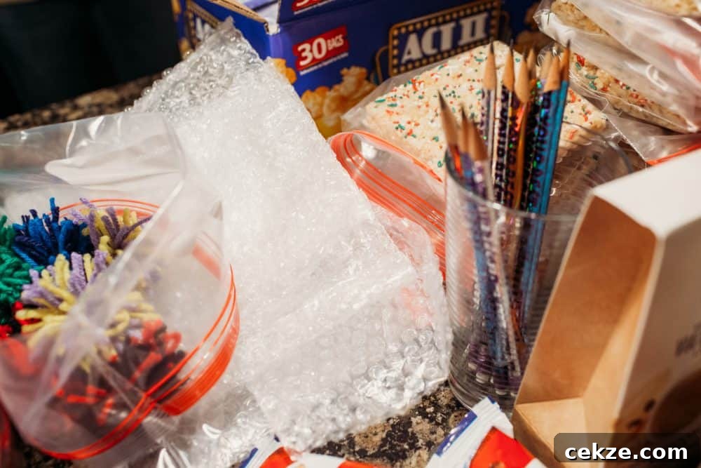pencils, warm fuzzies made from yarn, bubble wrap, microwave popcorn