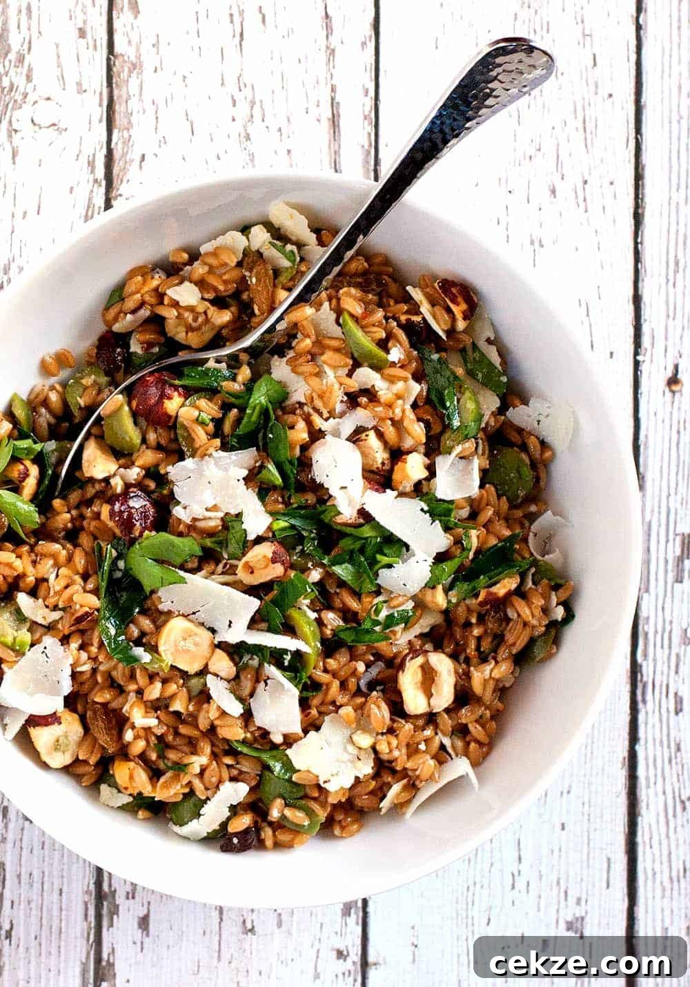 Farro Salad with Green Olives Hazelnuts and Raisins - a healthy and delicious recipe that's a snap to make!