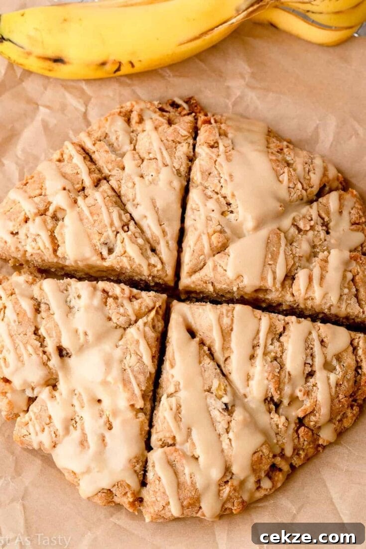 Banana scones arranged in a circle, drizzled with glaze.