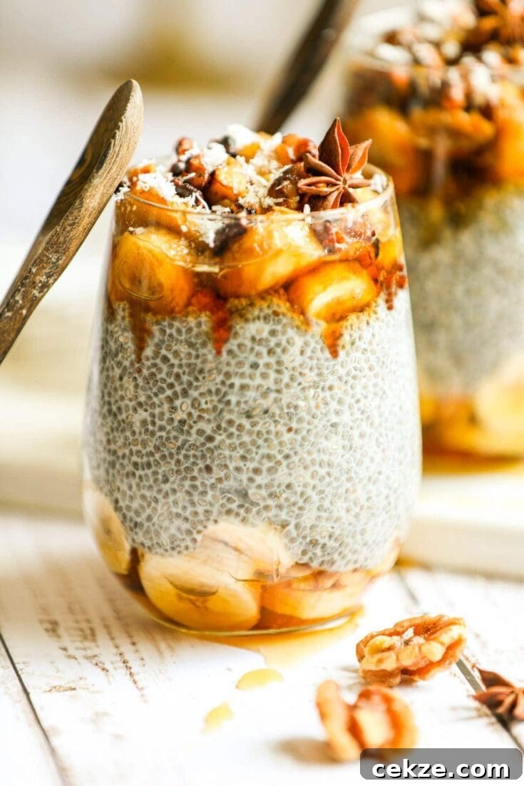A jar of banana chia seeds pudding, topped with caramelized banana slices.