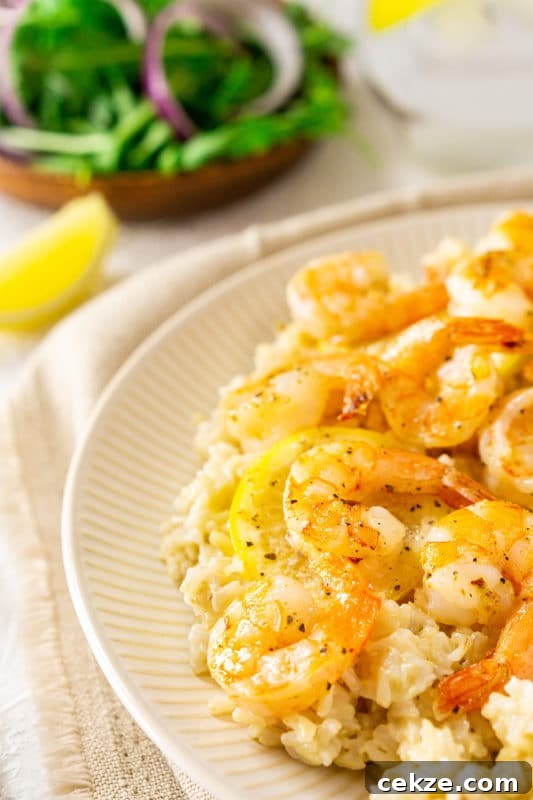 Garlic Butter Lemon Shrimp Recipe with Garlic-Parsley Sauce 3 Lemon Butter Shrimp served over a bed of rice, side salad on table.