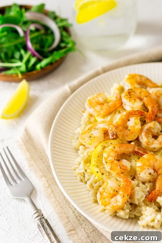 Garlic Butter Lemon Shrimp Recipe with Garlic-Parsley Sauce 9 Plate filled with shrimp on a bed of brown rice, fork and lemon slices on table.