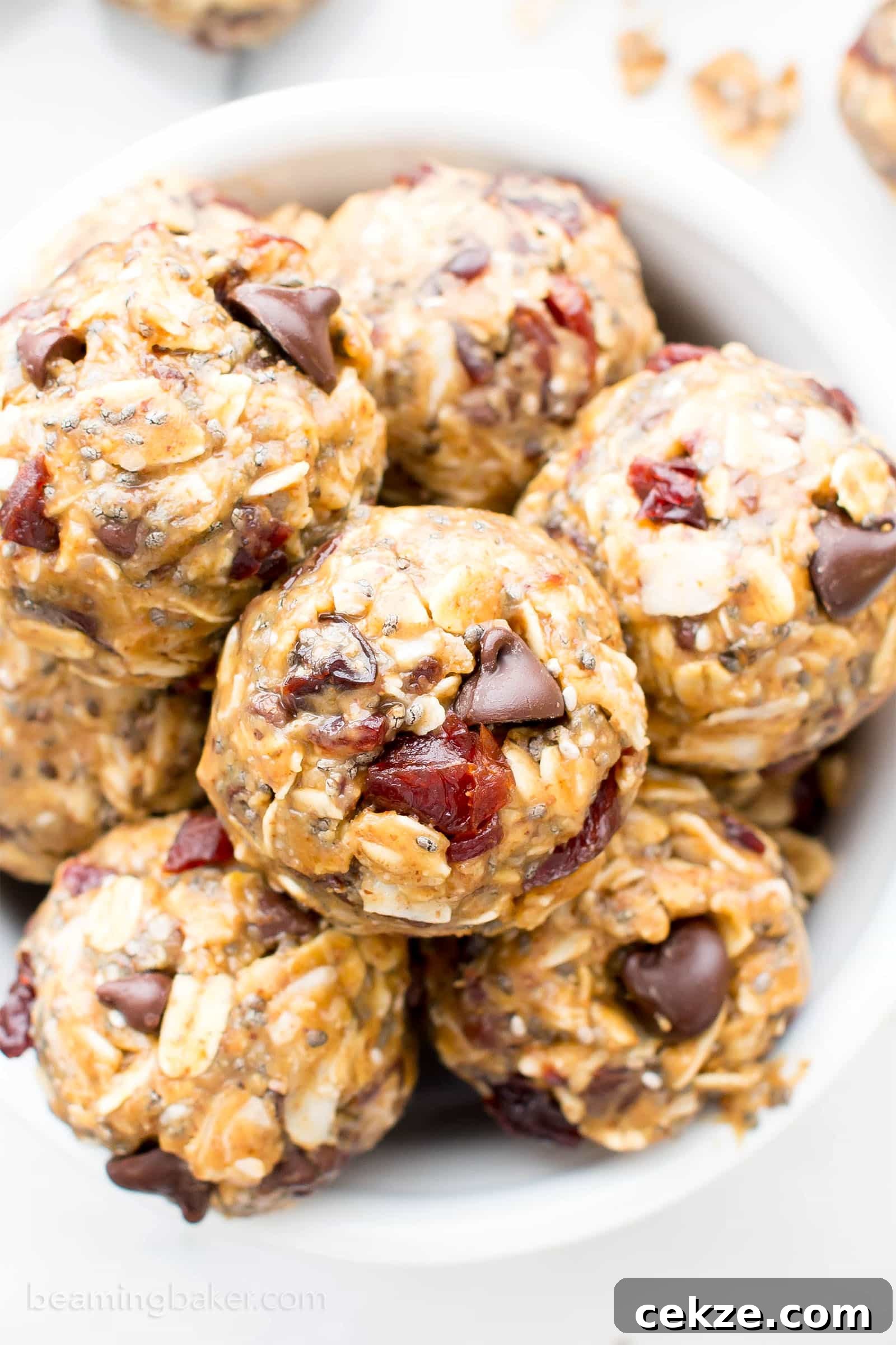 No Bake Cherry Chocolate Chip Chia Energy Bites (V, GF): a one bowl recipe for sweetly tart cherry chocolate chip energy bites packed with whole ingredient, energy-boosting yum! #Vegan #GlutenFree #OneBowl #ProteinRich | BeamingBaker.com