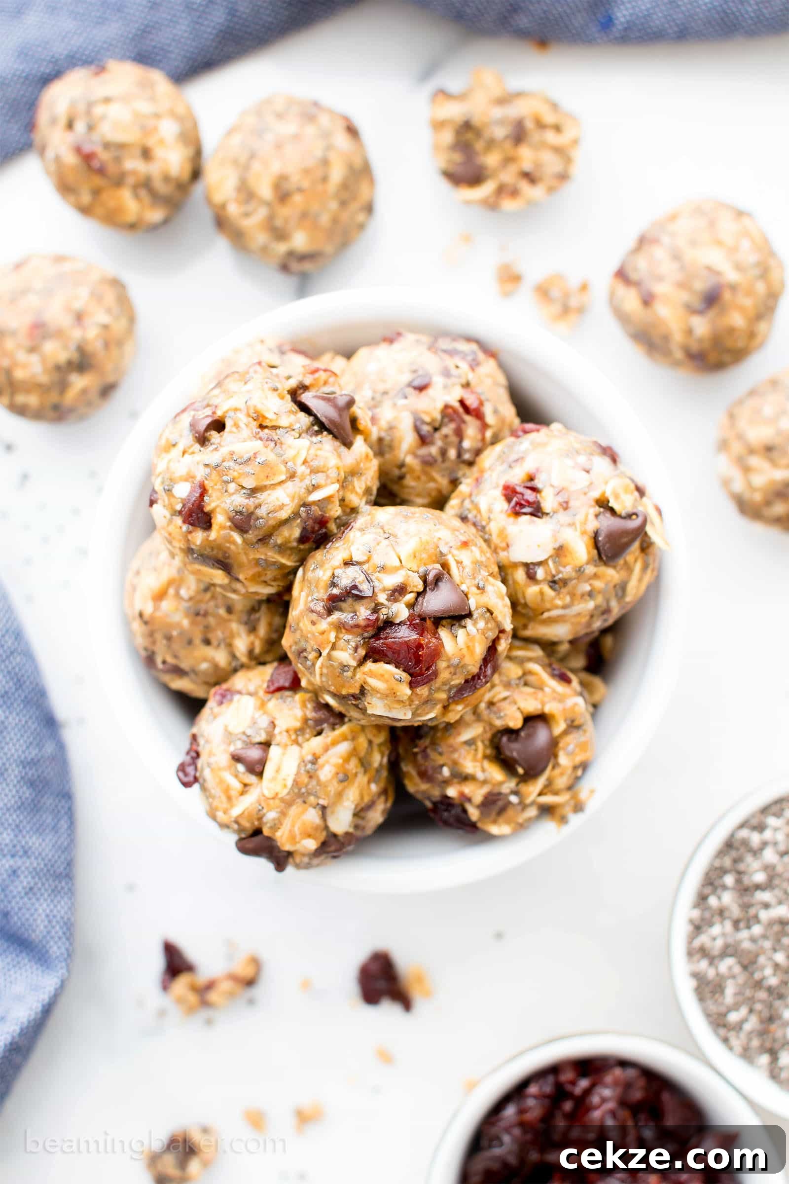 No Bake Cherry Chocolate Chip Chia Energy Bites (V, GF): a one bowl recipe for sweetly tart cherry chocolate chip energy bites packed with whole ingredient, energy-boosting yum! #Vegan #GlutenFree #OneBowl #ProteinRich | BeamingBaker.com