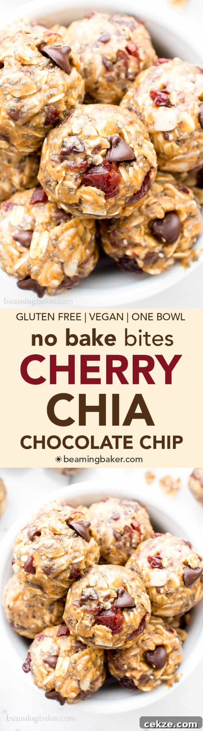 No Bake Cherry Chocolate Chip Chia Energy Bites (V, GF): a one bowl recipe for sweetly tart cherry chocolate chip energy bites packed with whole ingredient, energy-boosting yum! #Vegan #GlutenFree #OneBowl #ProteinRich | BeamingBaker.com
