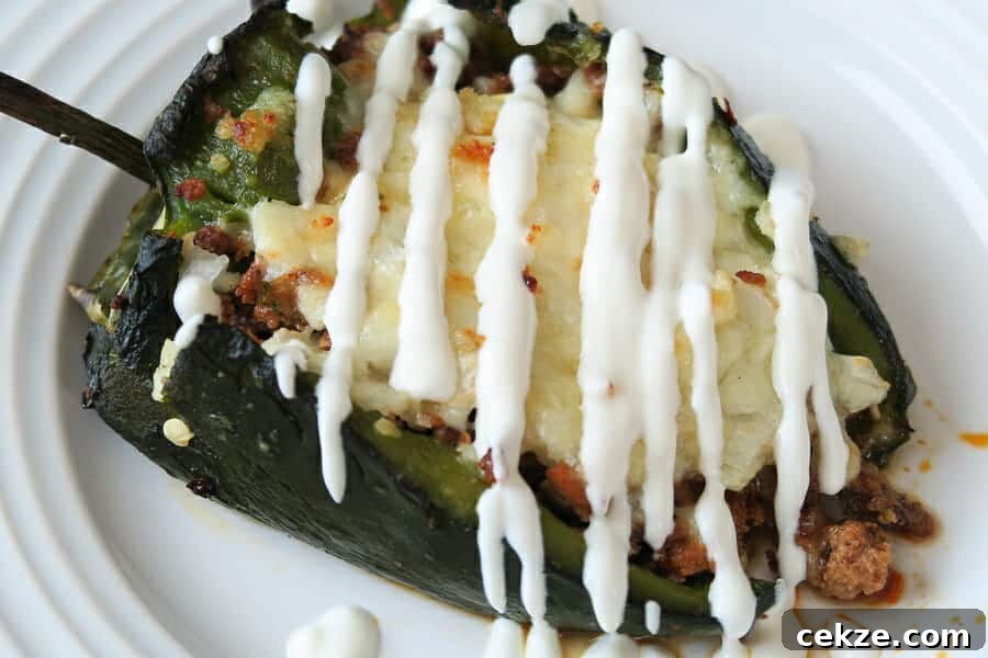 Easy Healthy Chile Rellenos baked with turkey taco meat topped with a healthy mexican crema substitute