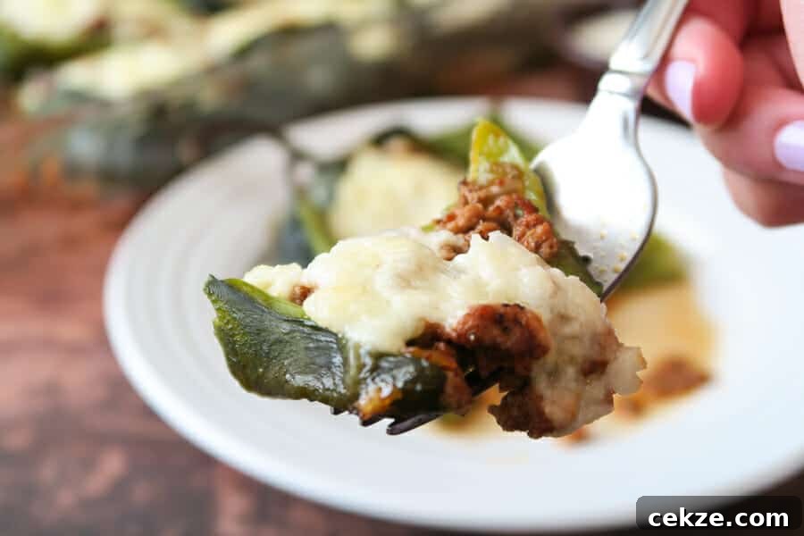 bite shot of the Easy Healthy Chile Rellenos baked with turkey taco meat