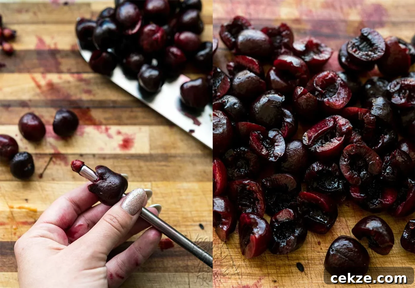image collage of pitting dark cherries on a cutting board