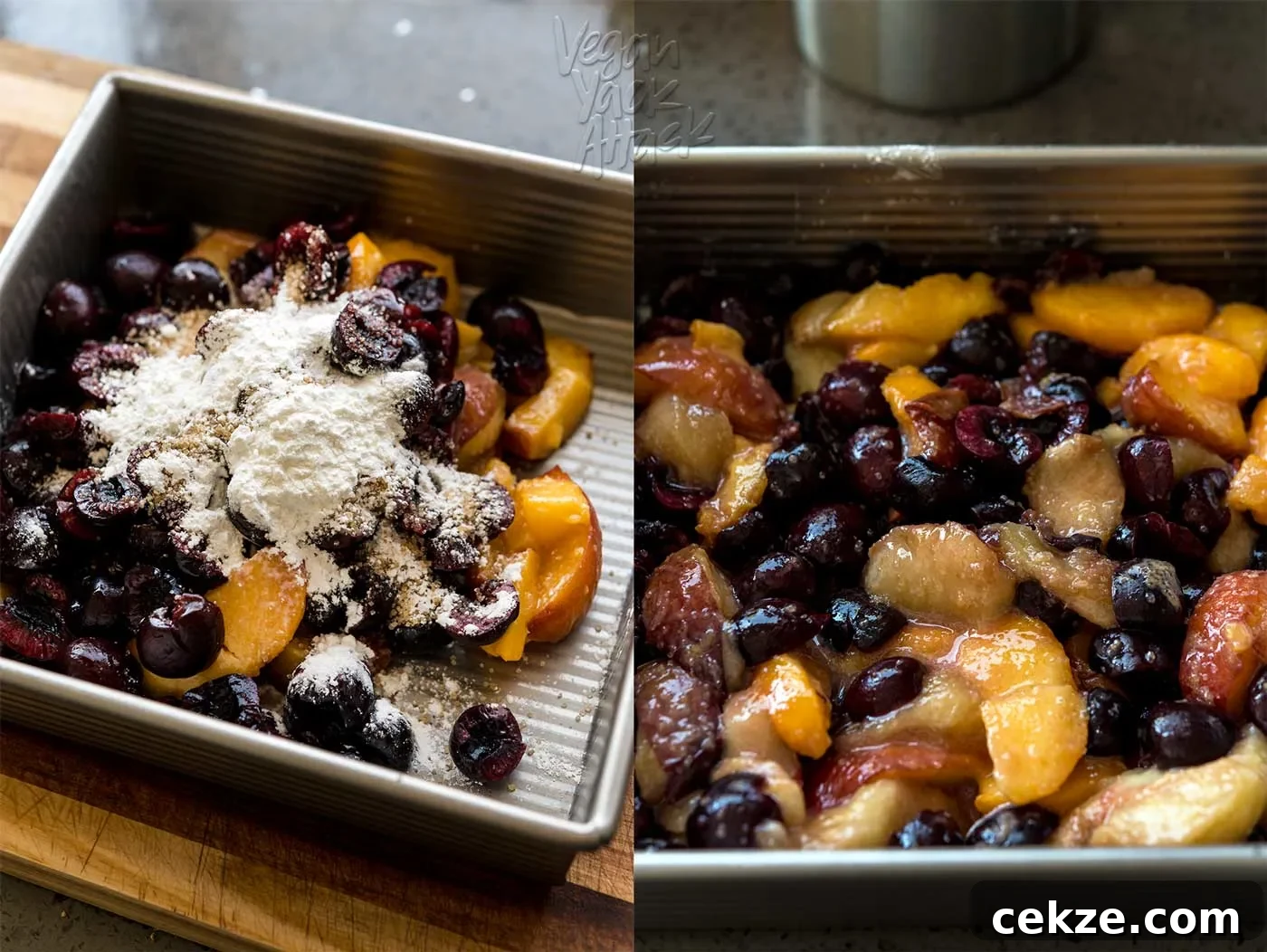 image collage of mixing cherry peach filling for cobbler in a square pan