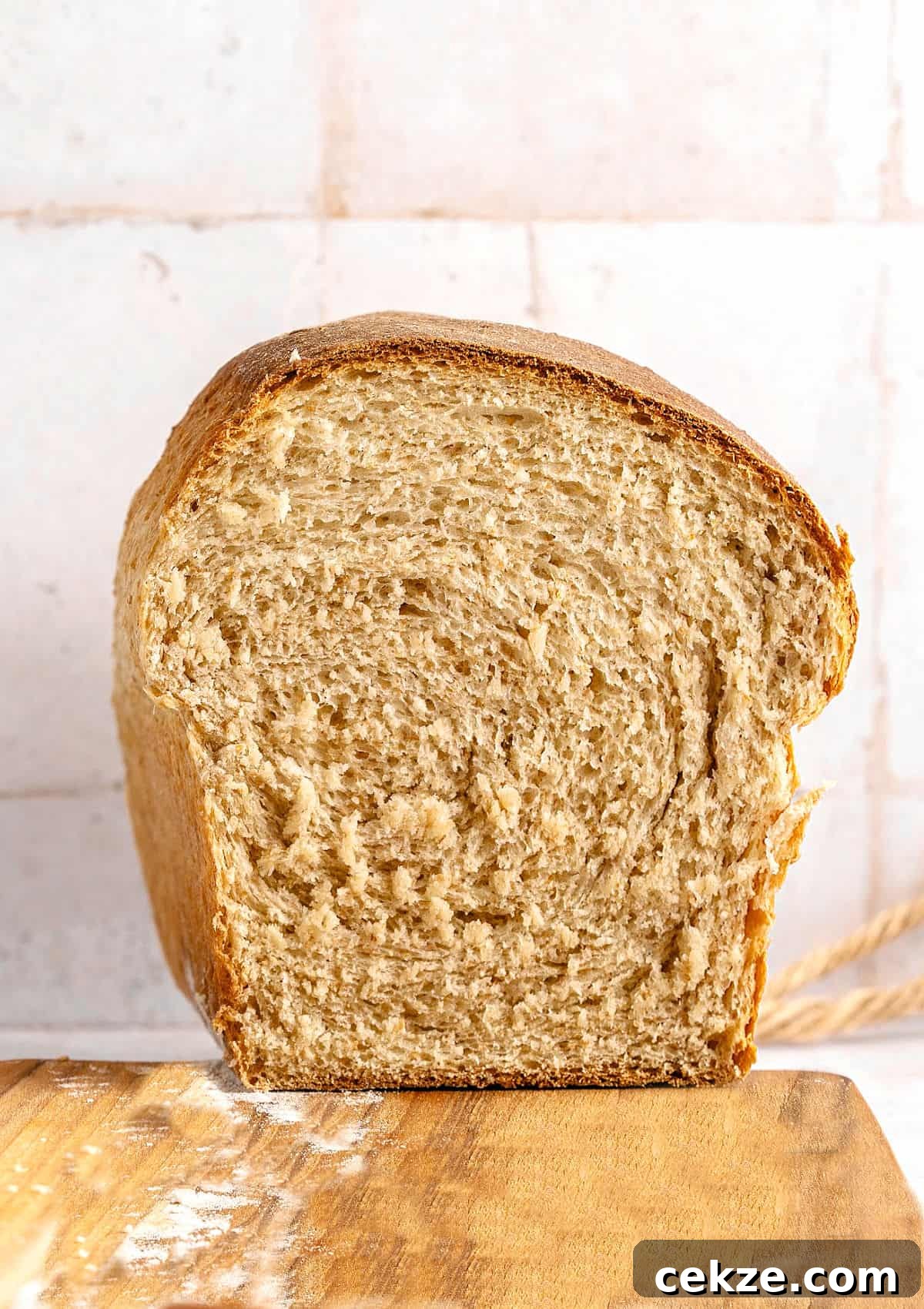 Homestyle Whole Wheat Sandwich Bread Recipe for Families 3 Front view of halved whole wheat loaf on a wooden board. Tile background.