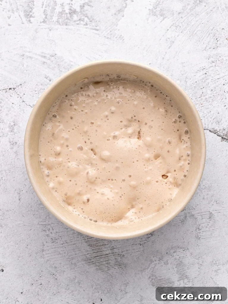 Homestyle Whole Wheat Sandwich Bread Recipe for Families 4 Beige bowl with bubbly yeast and liquid. Light gray background.