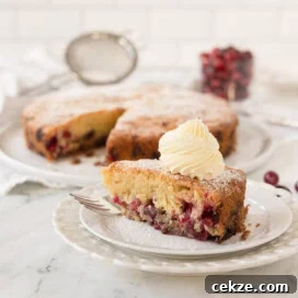 A slice of nantucket cranberry pie on a plate topped with whipped cream, whole cake behind.